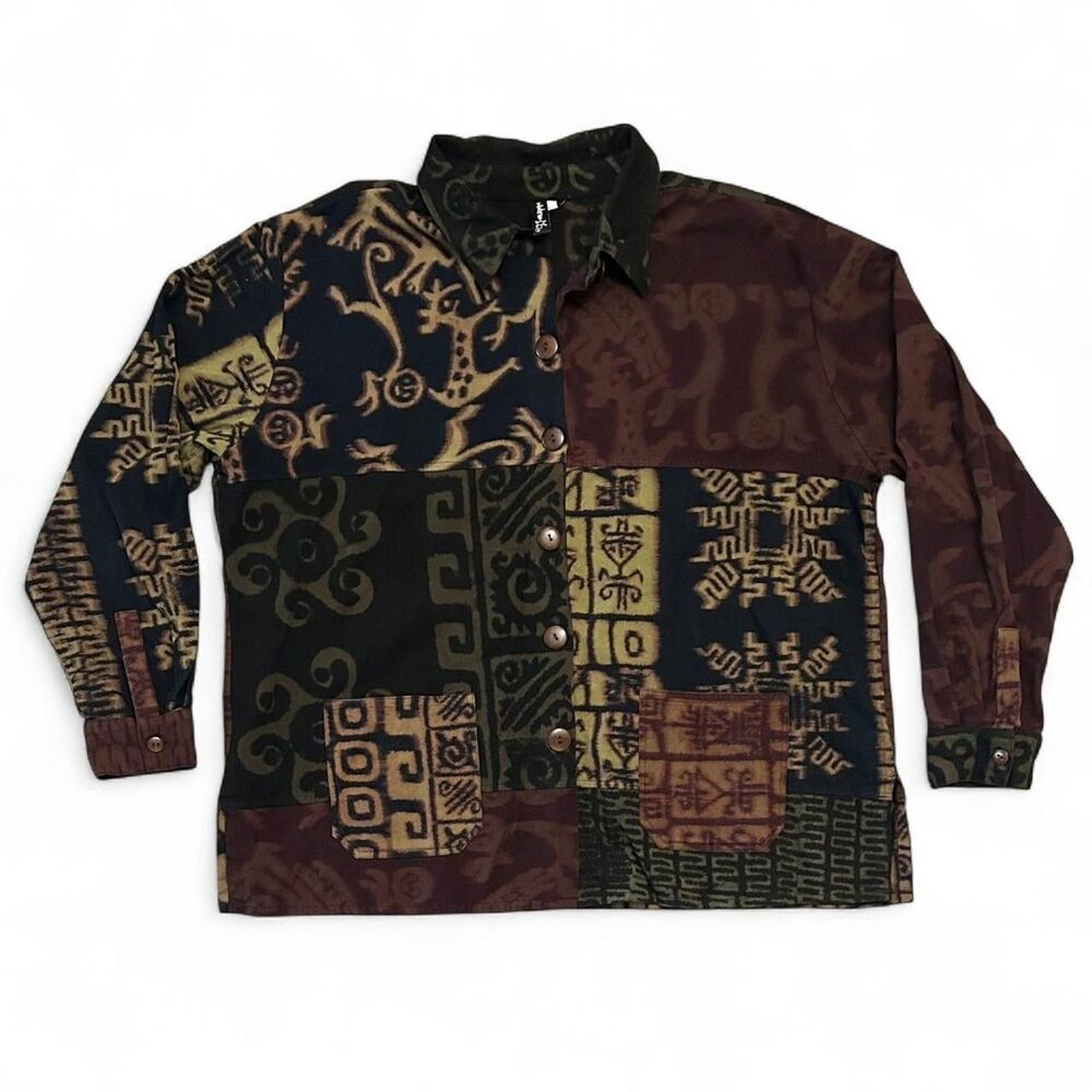 Vtg 90s Winter Sun Patchwork Tribal Shirt Jacket Art to Wear L XL 2XL Boxy Fit